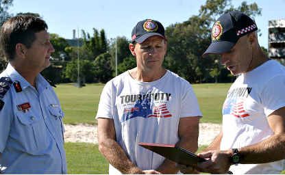 QFRS Commissioner Lee Johnson, Gympie firefighter Rob Frey (centre) and Tairo firey Leon Colbert. QFRS Commissioner Lee Johnson, Gympie firefighter Rob Frey (centre) and Tairo firey Leon Colbert.